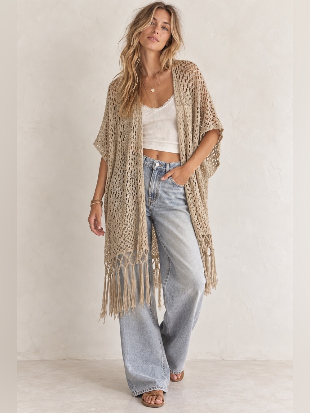 Streetwear Society Womens small Crochet Kimono Cardigan Fringe Boho Open beach